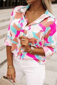 Pink Geometric Block Printed Roll Tab Sleeve Shirt | Tops/Blouses & Shirts