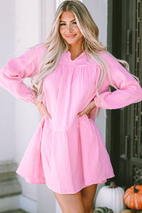 Pink Turn-down Neck Textured Bubble Sleeve Dress | Dresses/Mini Dresses