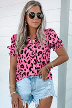 Load image into Gallery viewer, Pink Leopard Notch Neck Bubble Sleeve Blouse | Tops/Blouses &amp; Shirts
