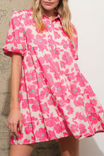 Load image into Gallery viewer, Pink Floral Tiered Puff Sleeve Mini Shirt Dress
