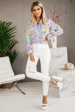 Load image into Gallery viewer, Floral Print Top | Purple Ruffle Lapel V Neck Shirt
