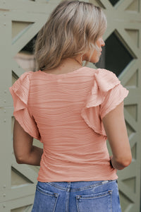 Ruffle Sleeve Top | Pink Apricot Pink Wavy Textured Blouse