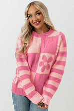 Load image into Gallery viewer, Strawberry Pink Checkered Floral Print Striped Sleeve Sweater
