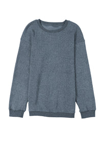 Pullover Sweatshirt | Blue Solid Ribbed Knit Round Neck