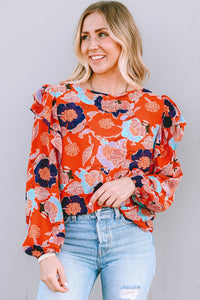 Puff Sleeve Blouse | Fiery Red Floral Print Ruffle