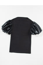 Load image into Gallery viewer, Puff Sleeve Top | Black Faux Leather Sleeve Mock Neck Top
