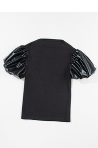 Puff Sleeve Top | Black Faux Leather Sleeve Mock Neck Top