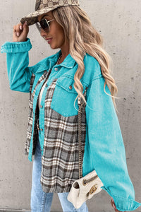 Sky Blue Plaid Patchwork Pockets Denim Jacket | Outerwear/Denim jackets