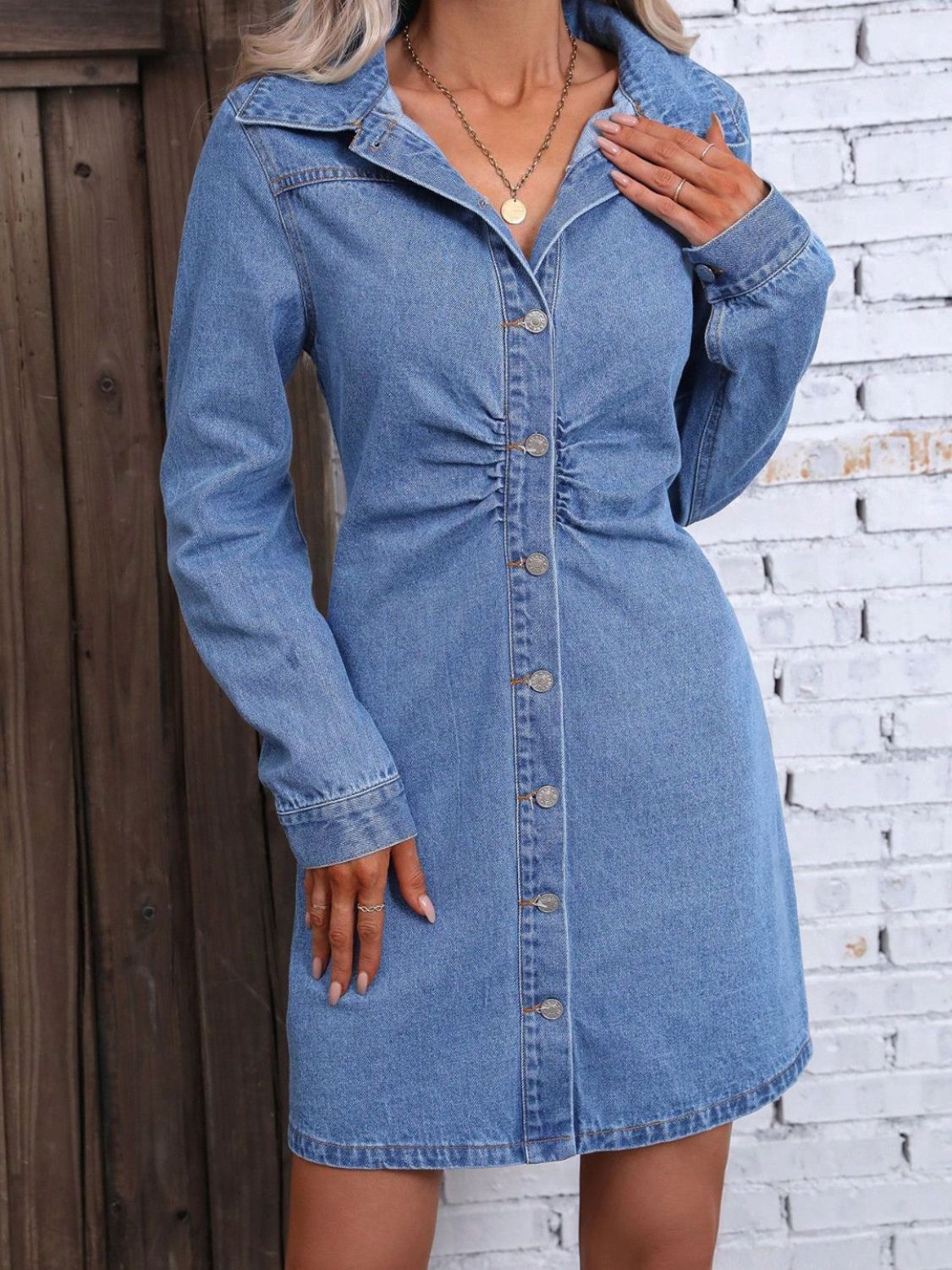 Denim Dress | Ruched Button Up Long Sleeve Dress