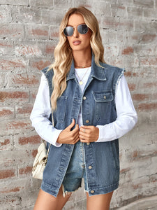 Denim Jacket | Raw Hem Sleeveless Button Up Jacket