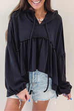 Load image into Gallery viewer, Black Oversized Ruffled High Low Hem Drop Shoulder Hoodie | Tops/Sweatshirts &amp; Hoodies
