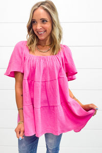 Bright Pink Textured Square Neck Flutter Sleeve Tiered Flowy Blouse | Tops/Blouses & Shirts