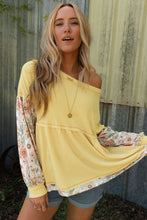 Load image into Gallery viewer, Babydoll Top | Yellow Floral Patchwork Waffle Knit  Blouse
