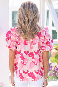 Pink Split Neck Ruffled Puff Sleeves Floral Top | Tops/Tops & Tees