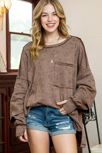 Brown Exposed Seam Thumbhole Drop Shoulder Loose Sweatshirt | Tops/Sweatshirts & Hoodies