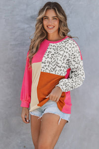 Rose Leopard Patchwork Color Block Ribbed Long Sleeve Top | Tops/Long Sleeve Tops