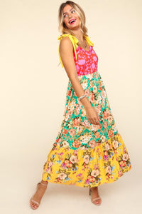 Maxi Dress |  Floral Color Block Maxi Dress with Pockets