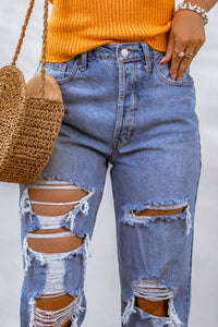 Sky Blue Heavy Destroyed Big Hole Boyfriend Jeans | Bottoms/Jeans