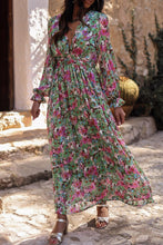 Load image into Gallery viewer, Green Floral Print Deep V Neck Ruched Cinched Waist Maxi Dress | Dresses/Floral Dresses
