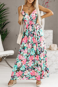 Green Sling V-Neck Elastic Waist Floral Maxi Dress | Dresses/Maxi Dresses