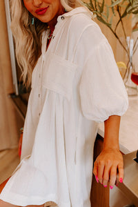 Mini Dress | White Half Puff Sleeve Buttoned Shirt