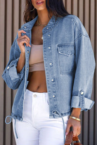 Sky Blue Roll-Up Tab Sleeve Button Down Pocket Denim Jacket | Outerwear/Denim jackets