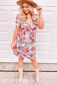 Womens Mini Dress | Multicolor Floral Print Tie Back Short Sleeve Dress | Dresses/Floral Dresses