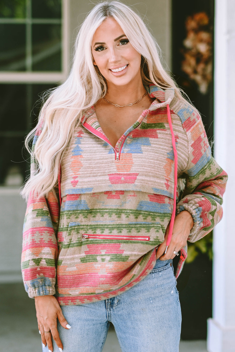 Multicolor Aztec Printed Kangaroo Pocket Zipped Hoodie | Tops/Sweatshirts & Hoodies