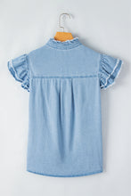 Load image into Gallery viewer, Beau Blue Button Front Ruffled Flutter Frayed Denim Top | Tops/Tops &amp; Tees
