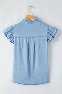 Beau Blue Button Front Ruffled Flutter Frayed Denim Top | Tops/Tops & Tees