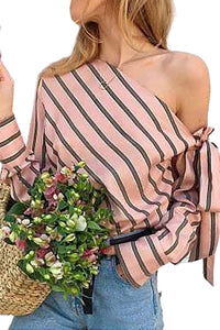 Tied Shoulder Blouse | Pink Striped Asymmetric Top