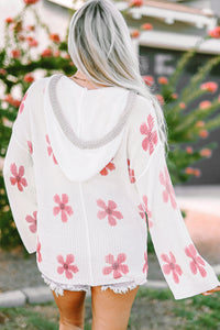 White Floral Print Lightweight Knit Hooded Sweater | Tops/Sweaters & Cardigans