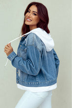 Load image into Gallery viewer, Sky Blue Distressed Contrast Hooded Denim Jacket with Pockets | Outerwear/Denim jackets
