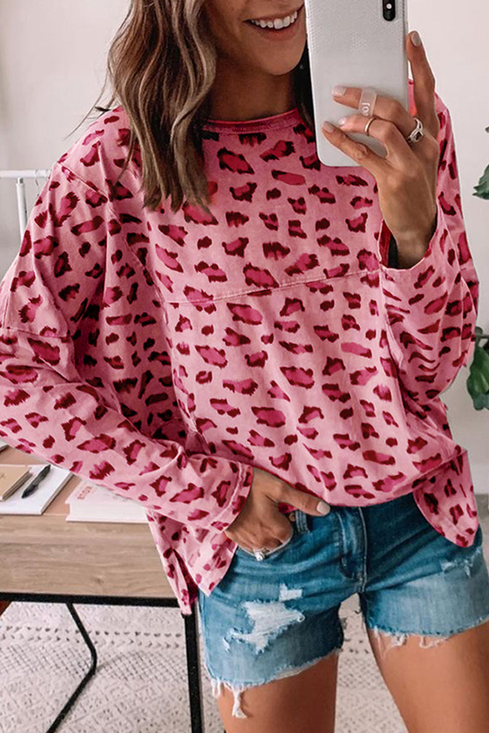 Pink Animal Print Stitching Loose Long Sleeve Top | Tops/Long Sleeve Tops