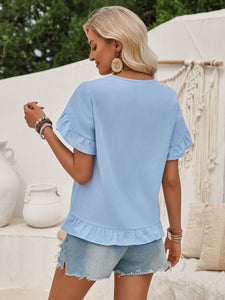 Ruffled Notched Petal Sleeve Blouse | Tops/Tank Tops