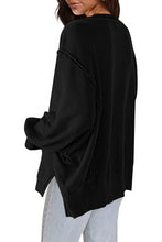 Load image into Gallery viewer, Black Exposed Seam Drop Shoulder Slit High Low Hem Sweatshirt | Tops/Sweatshirts &amp; Hoodies
