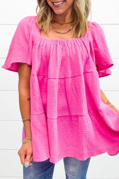 Bright Pink Textured Square Neck Flutter Sleeve Tiered Flowy Blouse | Tops/Blouses & Shirts