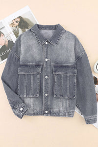 Loose Denim Jacket | Gray Chest Pockets Drop Shoulder Jacket