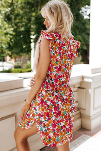 Mini Dress | Fiery Red Ruffle Sleeve V-Neck Floral Dress