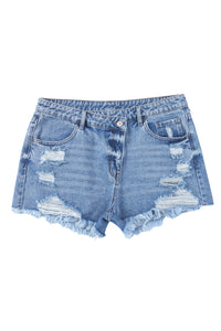 Sky Blue High Rise Crossover Waist Denim Shorts | Bottoms/Denim Shorts