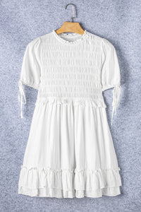 Mini Dress | White Tie Short Sleeves Smocked Ruffle Dress