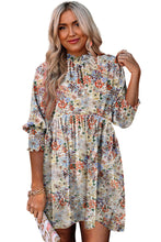 Load image into Gallery viewer, Purple Printed Boho Floral Frilled Neck Shirred Bracelet Sleeve Dress | Dresses/Floral Dresses
