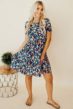 Load image into Gallery viewer, Blue Short Sleeve A-line Floral Dress | Dresses/Floral Dresses
