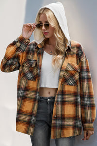 Drawstring Plaid Hooded Shacket