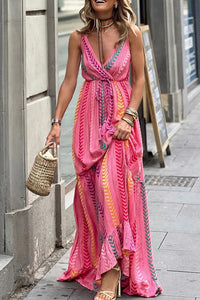 Pink Western Printed Tassel Tie V Neck Wrap Maxi Dress | Dresses/Maxi Dresses