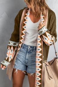 Brown Aztec Print Open Front Knitted Cardigan | Tops/Sweaters & Cardigans