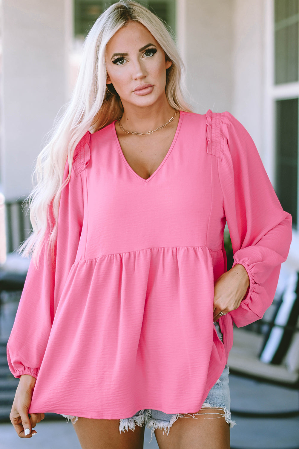 Pink Frilled V Neck Puff Sleeve Babydoll Blouse | Tops/Blouses & Shirts