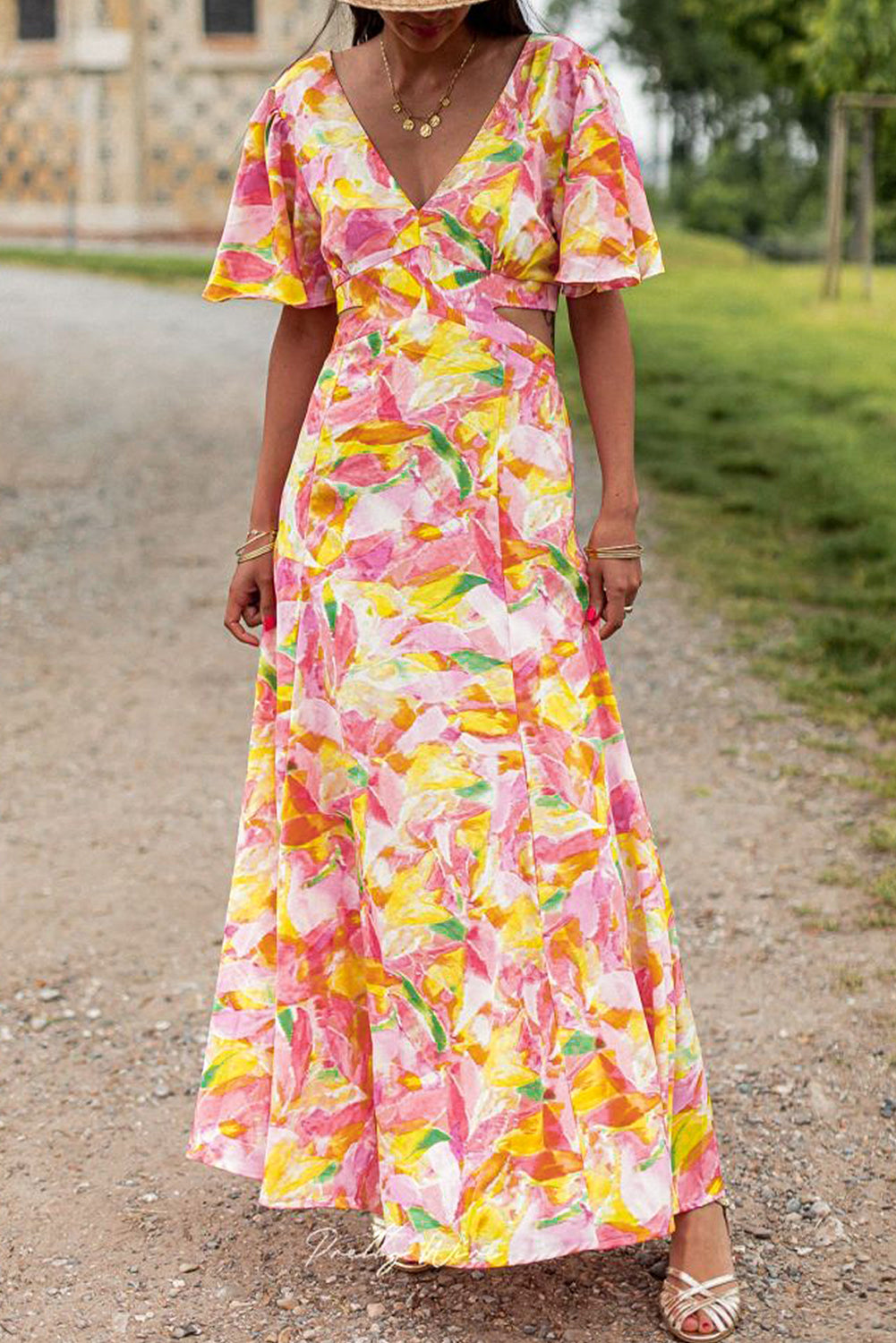 Pink Bohemian Flutter Sleeve Cut out Floral Maxi Dress | Dresses/Maxi Dresses