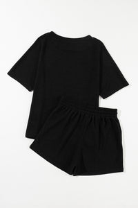 Drawstring Shorts Set | Black Casual Textured Tee and Shorts