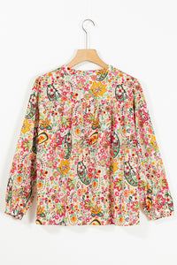 Puff Sleeve Shirt | Multicolor Floral Print Lace Splicing Button up